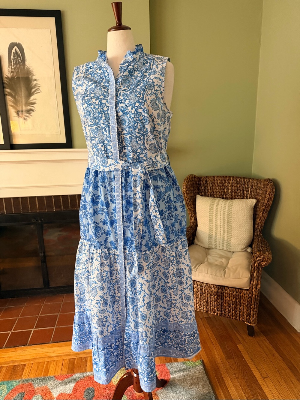CeCe Blue & White Floral Tiered Cotton Belted Full Button-Front Midi Dress - XL - Picture 2 of 11